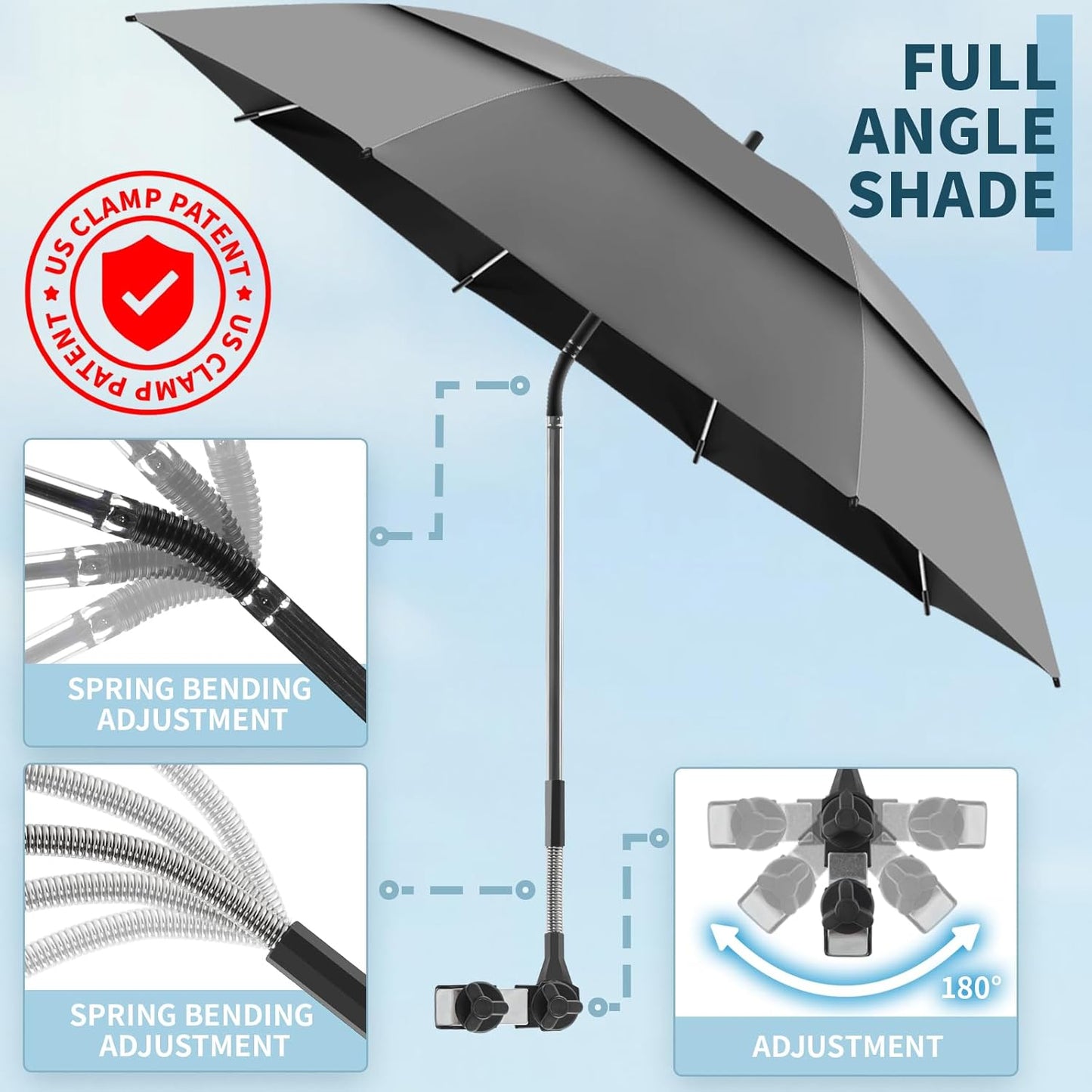 Skiennix 48.6" Double Canopy Beach Umbrella - UPF50+ Portable Clamp Umbrella for Wheelchairs & Golf Carts