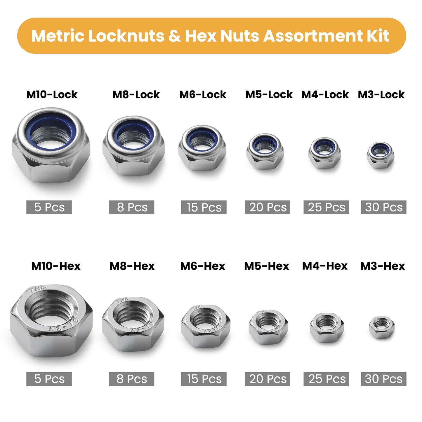 BNUOK 206PCS Metric Locknuts and Hex Nuts Assortment Kit, M3 M4 M5 M6 M8 M10 Nylon Insert Lock Nuts Set, 304 Stainless Steel Hex Nut Nylock Nut