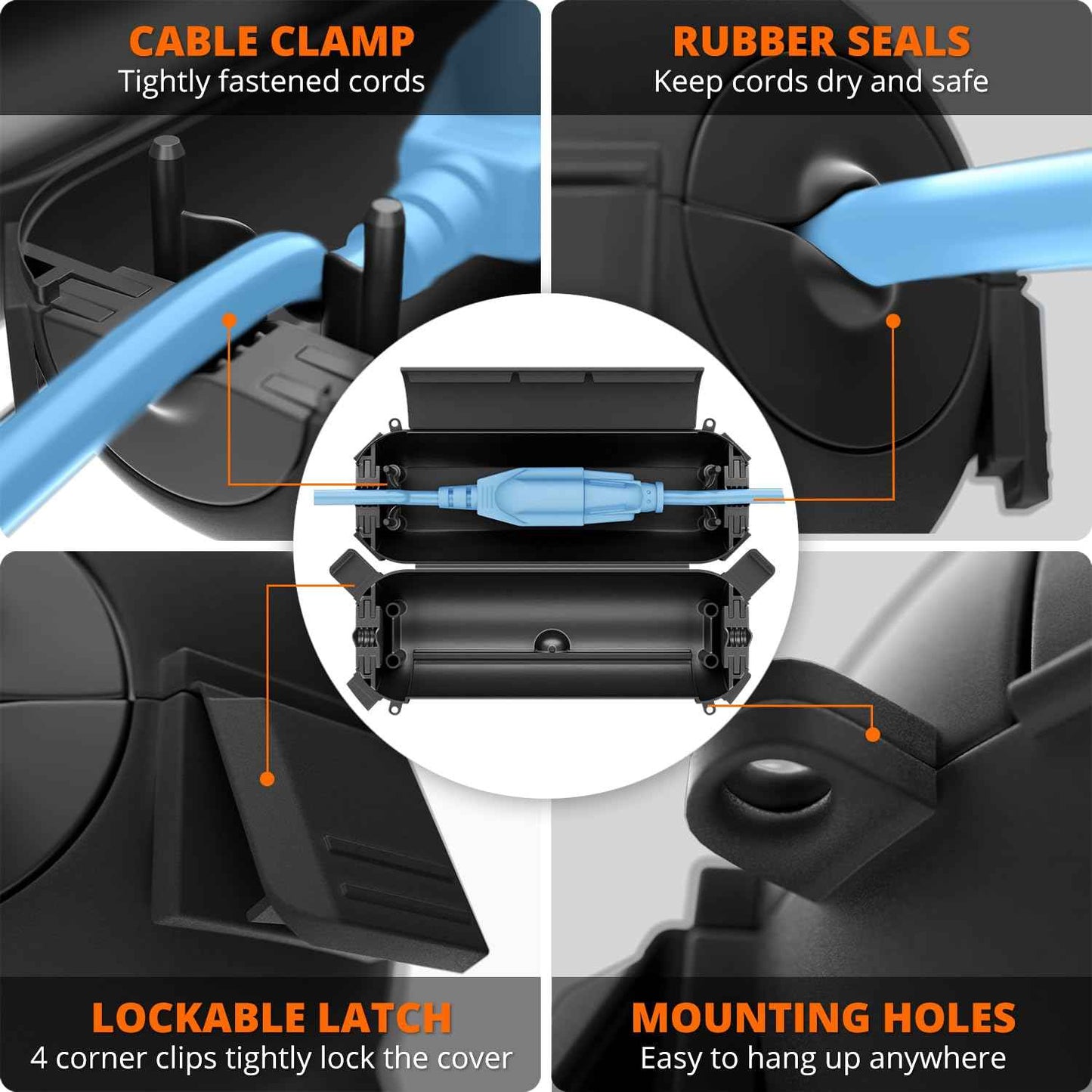 QUOBAS 5 Pack Outdoor Electrical Box, Waterproof Extension Cord Cover，Weatherproof Connection Box with Sealing Gasket for Outlets, Plugs, Christmas Lights & Power Tools, Black