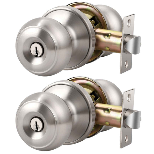 KNOBWELL 2 Pack Brushed Nickel Door Knob with Lock and Key, Keyed Alike, Exterior Keyed Door Knobs Lock with Same Keys in Solid Stainless Steel for Entrance and Front Door, Round Ball Handle