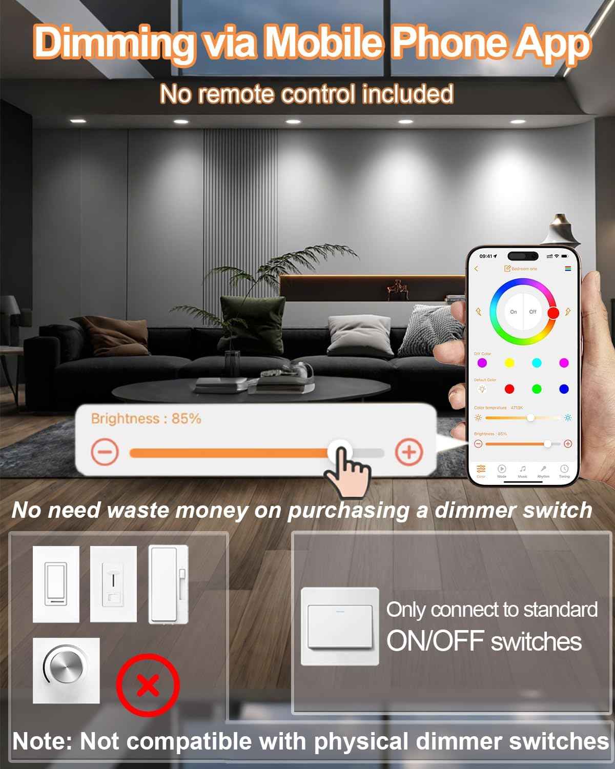 Smart RGB LED Recessed Lighting 6 Inch - Bluetooth Can Lights, 13W Color Changing, Alexa Compatible, 6-Pack for Bedroom, Living Room, Kitchen