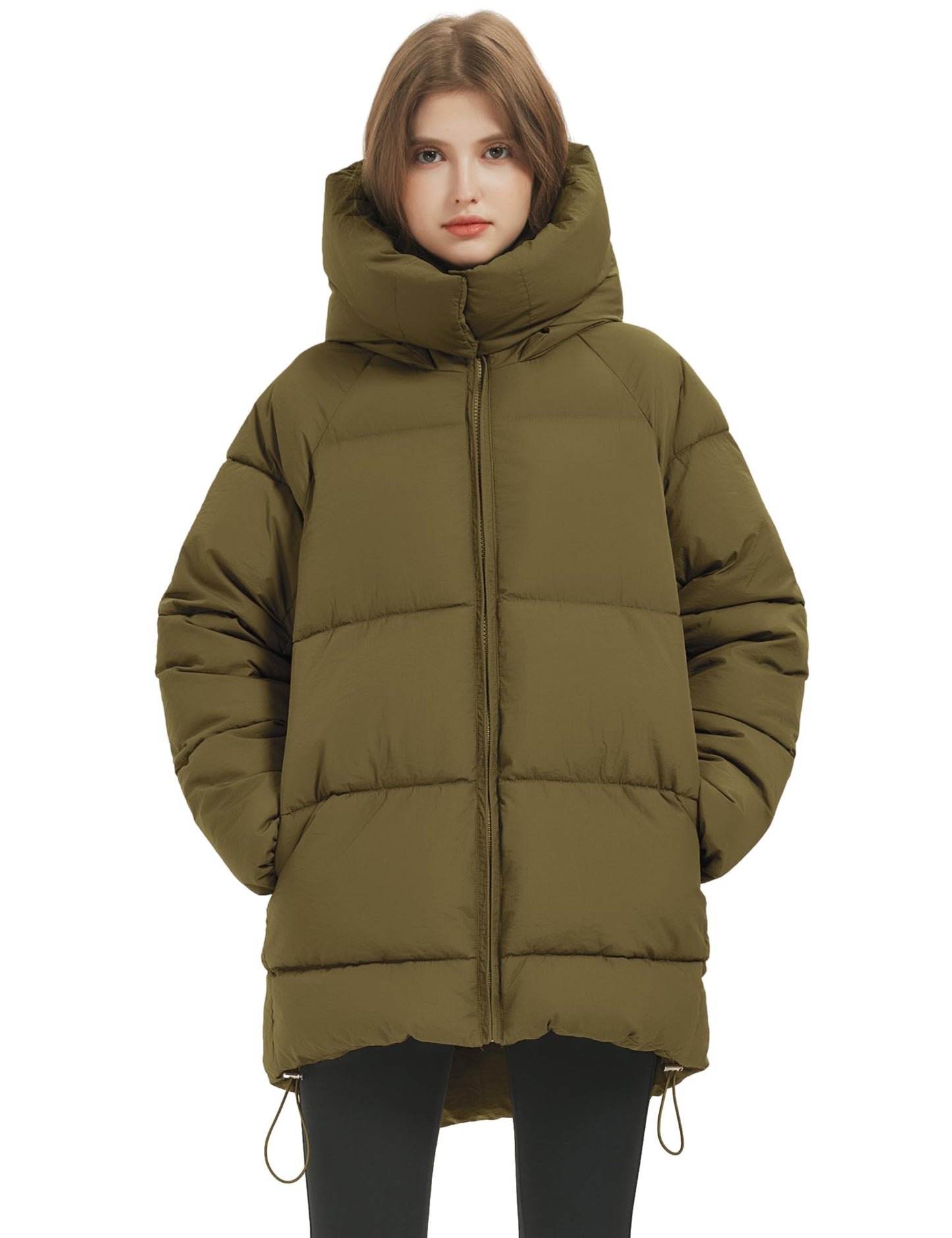 Flygo Womens Hooded Quilted Puffer Jacket Mid-Length Padded Warm Winter Heavyweight Coat Outerwear(ArmyGreen-Medium)
