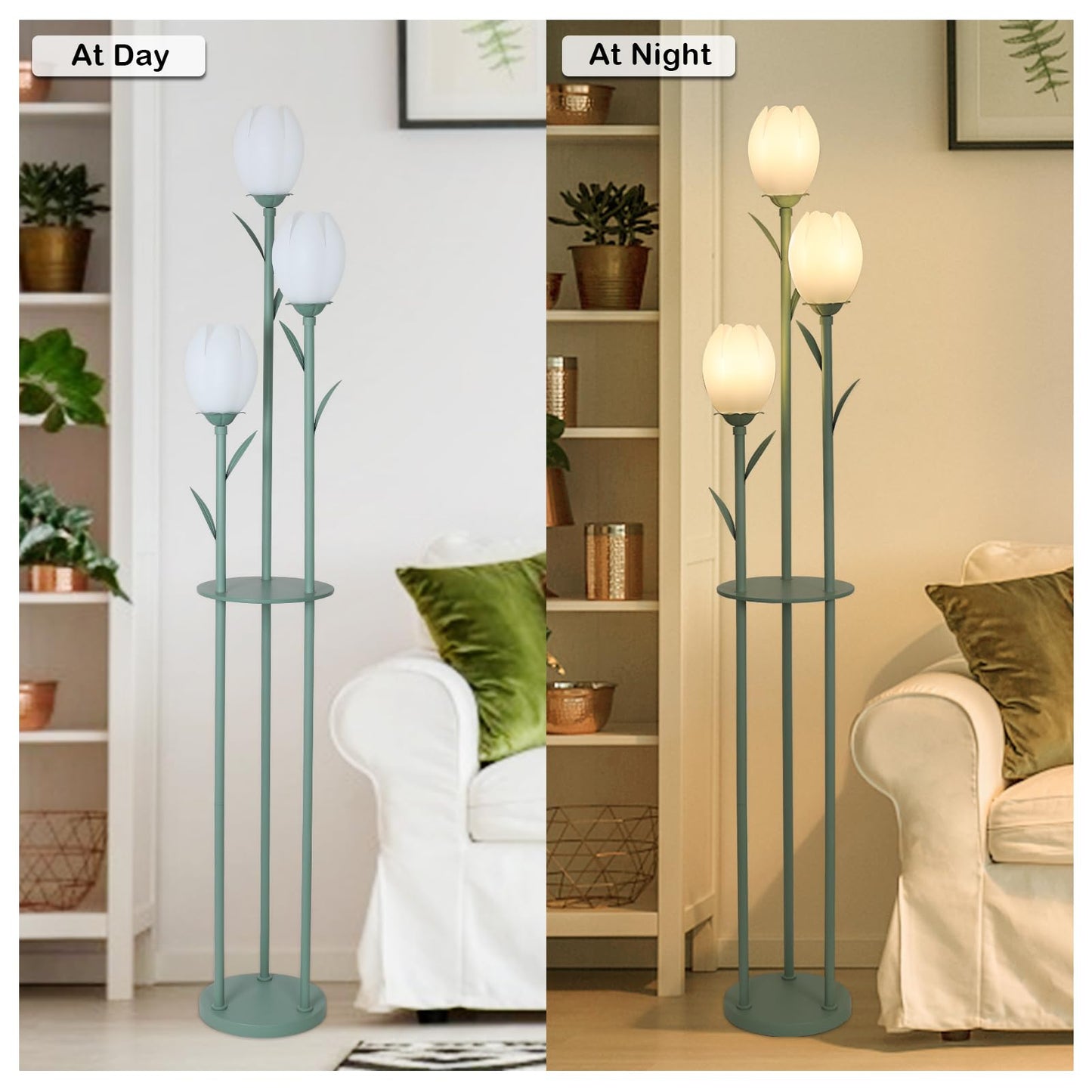 3-Light Flower Floor Lamps for Living Room, Green Floor Lamp with Shelves, Unique Tulip Standing Lamp with 3 LED Blubs, Cute Floral Tall Lamp, Modern Stand Up Light Decor for Bedroom, Kids Room
