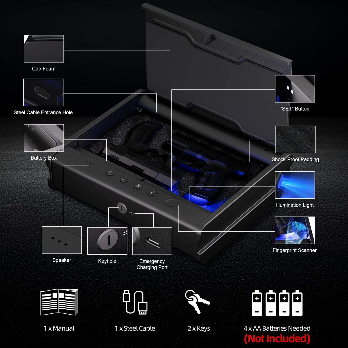 PINEWORLD Biometric Fingerprint Handgun Safe with Raised Backlit Keypad&Key