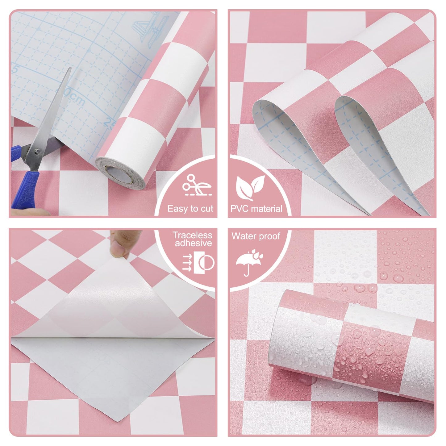 CAX Checkered Peel and Stick Wallpaper 17.3"x120" Pink and White Mosaic Checkered Contact Paper Peel and Stick Modern Self Adhesive Checkerboard Wallpaper for Bathroom Cabinets Shelf Liner Vinyl