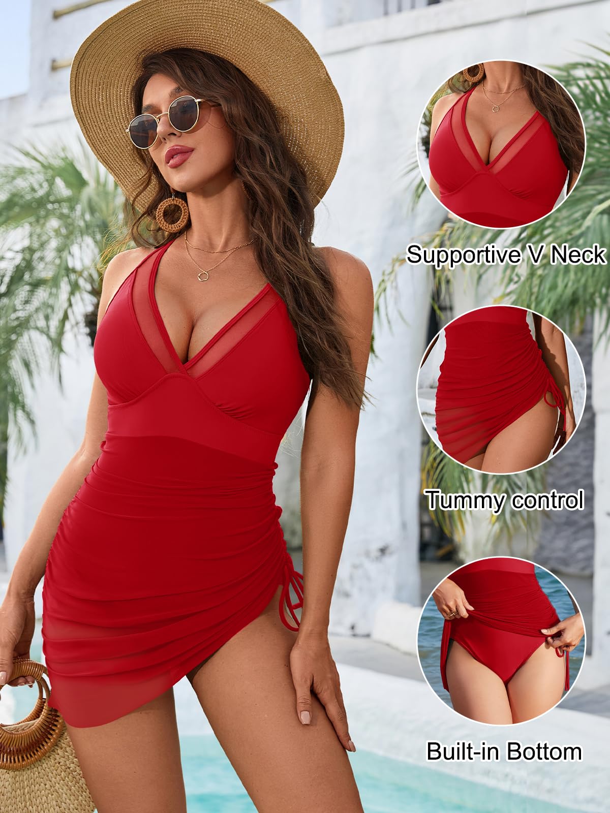 Blooming Jelly Women One Piece Swimsuits Tummy Control Swim Dress Slimming Drawstring Bathing Suit Skirt (XL, Ruby Red)