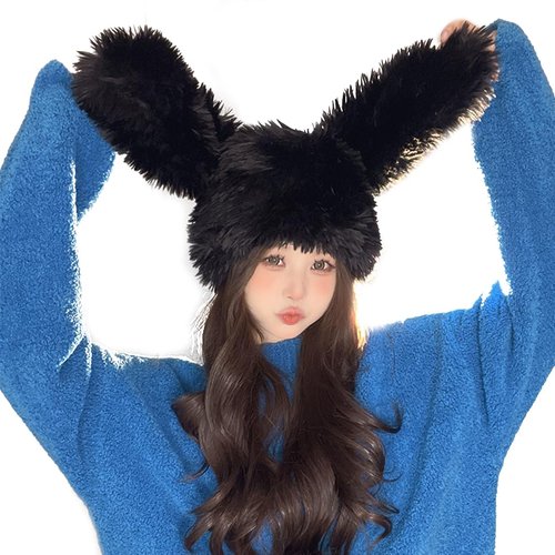 Bunny Ears Hat Fuffy Bunny Hat Cute Y2K Furry Rabbit Beanies for Indoor Outdoor Festival Party Black