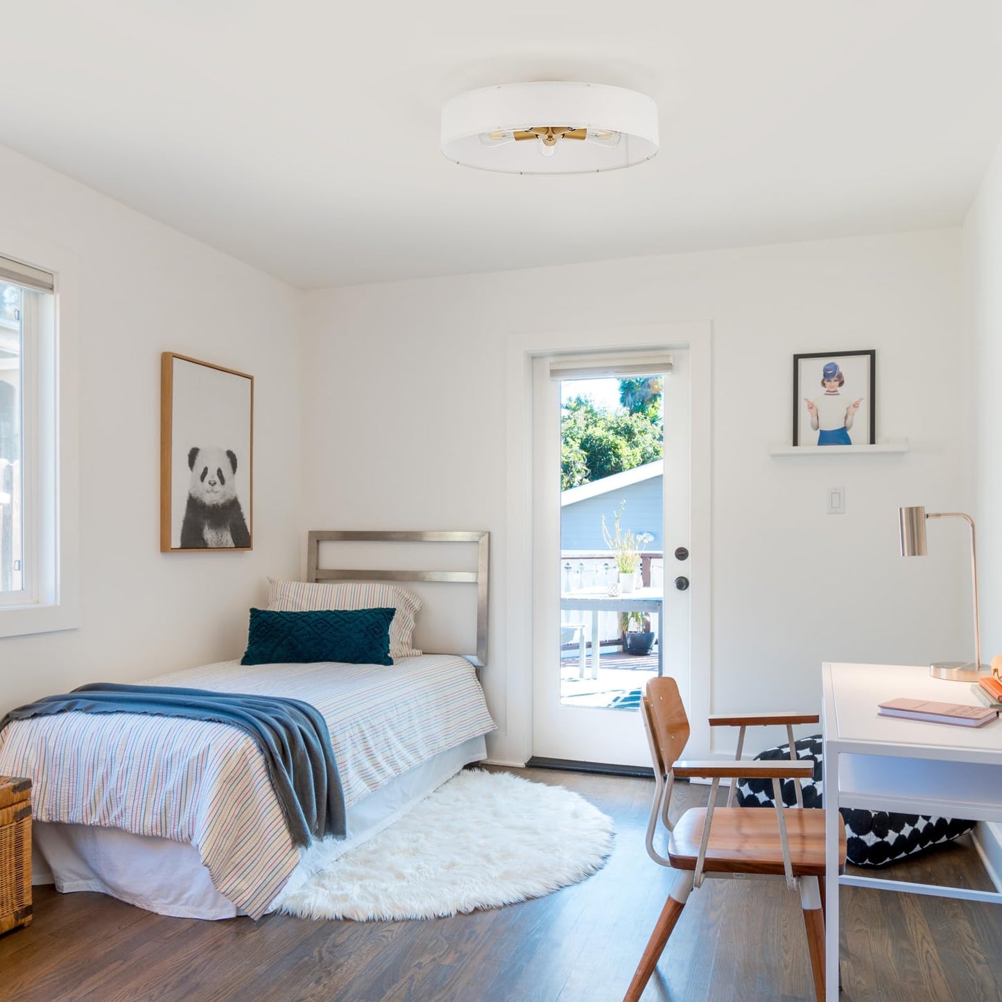 VILUXY Gold Semi-Flush Mount Ceiling Light Fixture with 24" Large White Fabric Drum Shade 5-Light for Bedroom Dining Room Entryway Round Ceiling Lamps