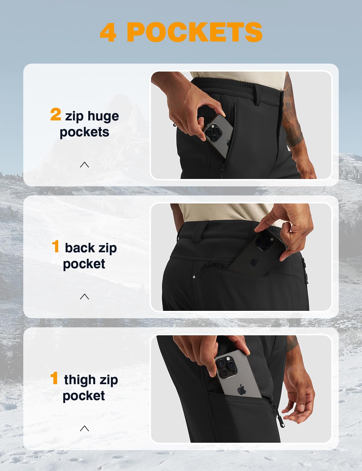 TBMPOY Men's Snow Ski Hiking Pants Fleece Lined Waterproof Winter Pant Softshell Camping Travel Ice Fishing Hunting Pant Black 30