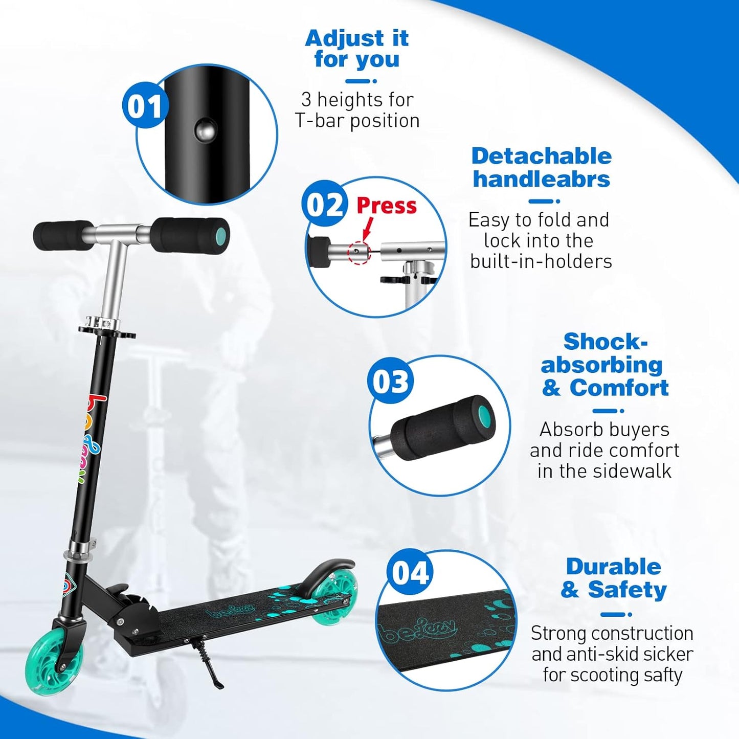 BELEEV V1 Kick Scooter for Kids - 2 Wheel Folding Design with Adjustable Height & Light Up Wheels | Ages 3-12