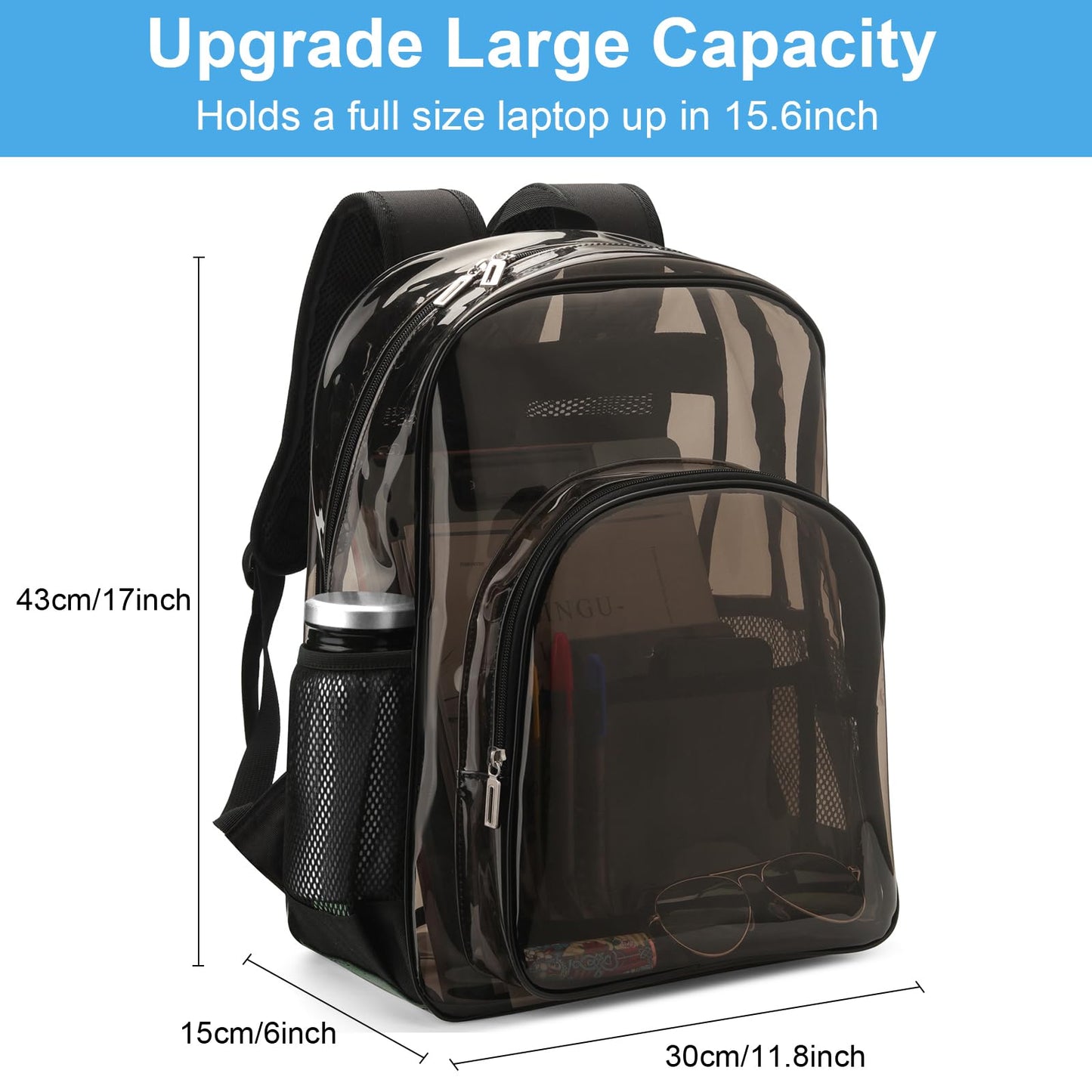 Carolipack Clear Backpack Heavy Duty For Work XL.TPU Transparent Backpacks for College,Travel,Sporting (Black) - H17.7x''14.1''x6.8'