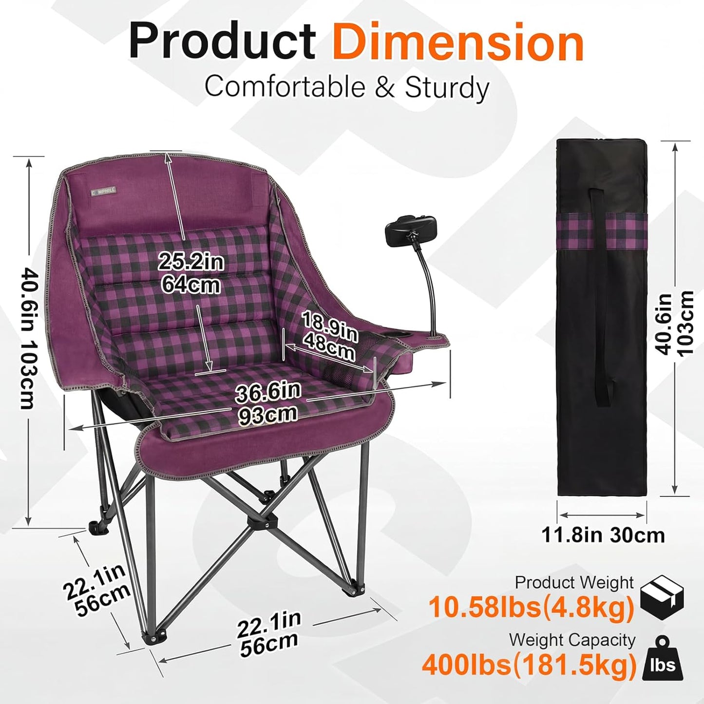 Regine Switzerland Oversized Camping Chair - Heavy Duty Extra Large Folding Padded Chair | Purple Plaid