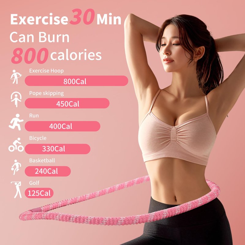 3.3 lbs Spring Soft Hula Hoop for Adults, Foldable Weighted Fitness Hoop with Video Tutorial, Soft Material Protects Lower Back, Home & Travel Workout (Pink)
