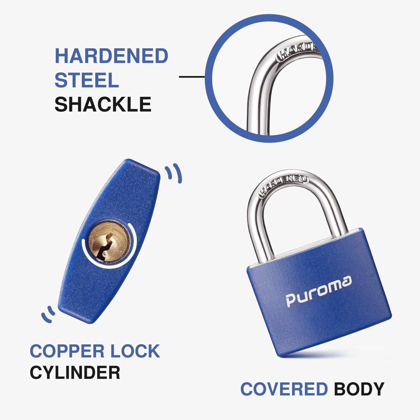 Puroma Lock Keyed Padlock, 2 Pack Aluminum Locks with 3 Keys Alike, 1.1 Inch Locker Lock 43mm Small Padlocks for Gate, Fence, Shed, Toolbox, School Gym Locker (Blue)