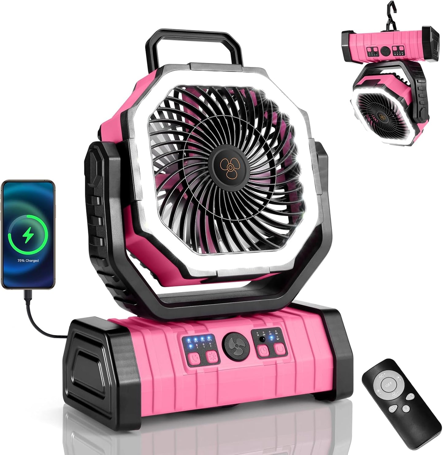 Odoland 30000mAh Camping Fan - Rechargeable LED Lantern with Remote, Oscillating Design, Pink