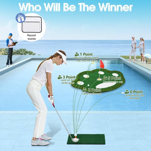 KEMLDIVS Floating Golf Green for Pool, Patented Pool Golf Game Floating Mat with Ball Retrieve Net/Scoreboard for Party & Training