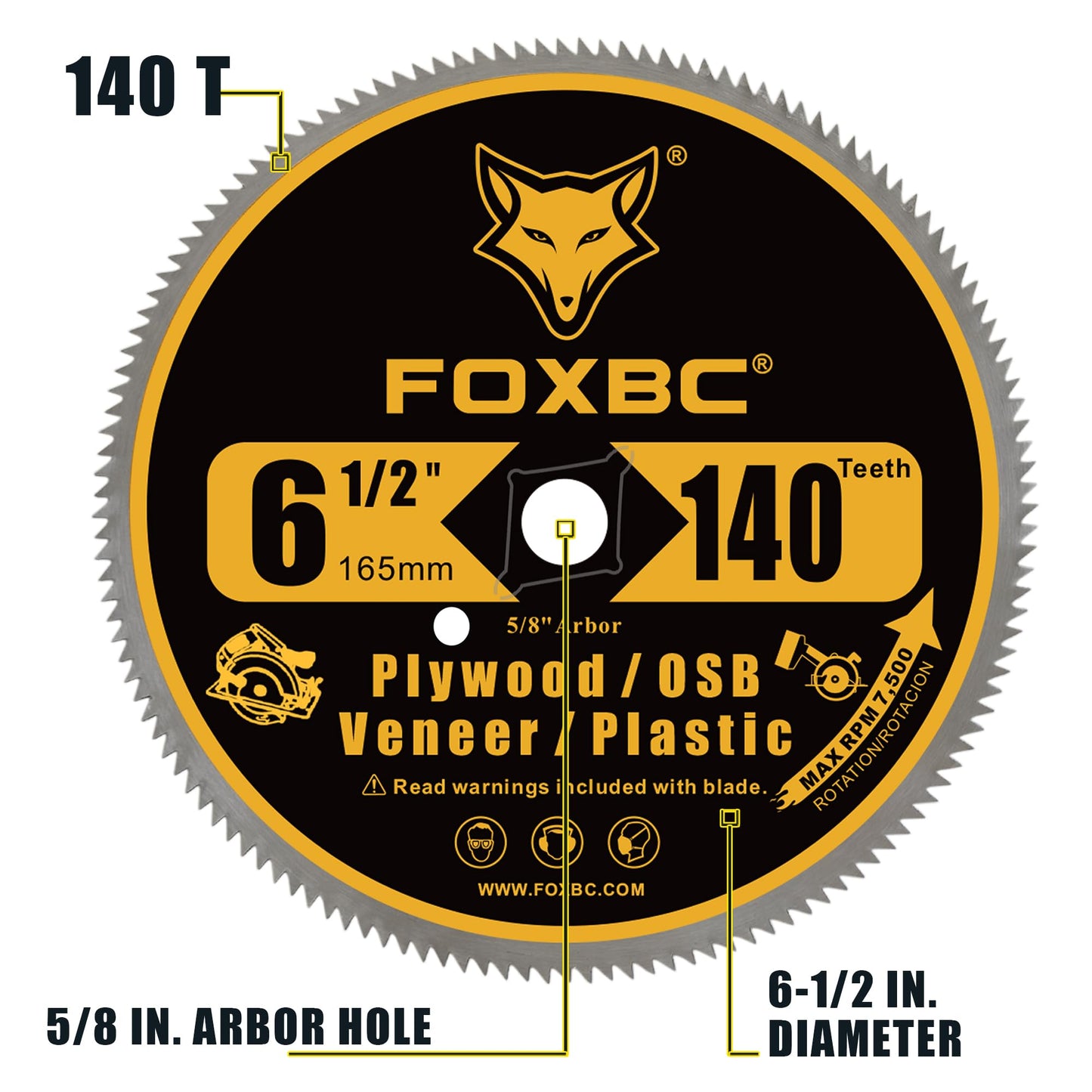 FOXBC 6-1/2 Inch 140 Tooth Circular Saw Blade for Plywood, OSB, Plastic, Veneer Wood Cutting with 5/8-Inch Diamond Arbor