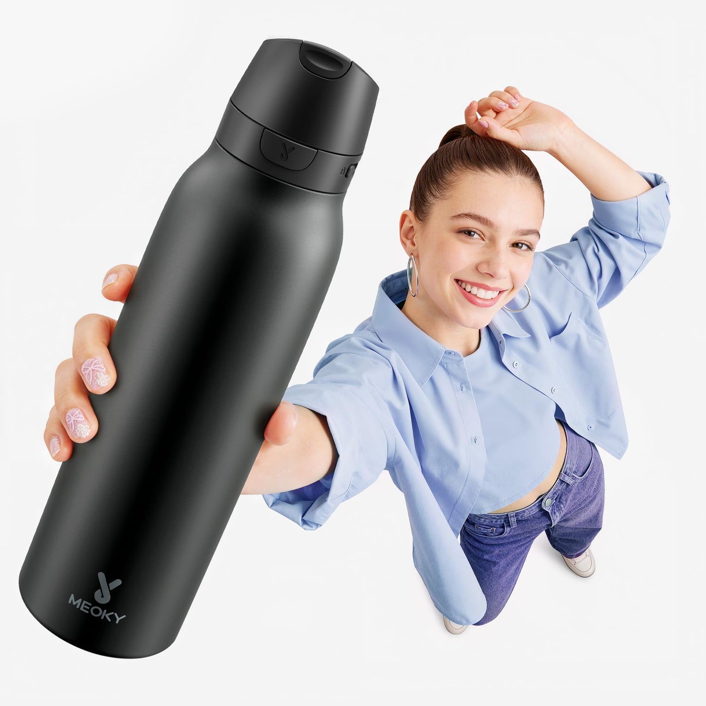 Meoky 24 oz Slim Insulated Water Bottle: 2-in-1 Locking Lid, Night