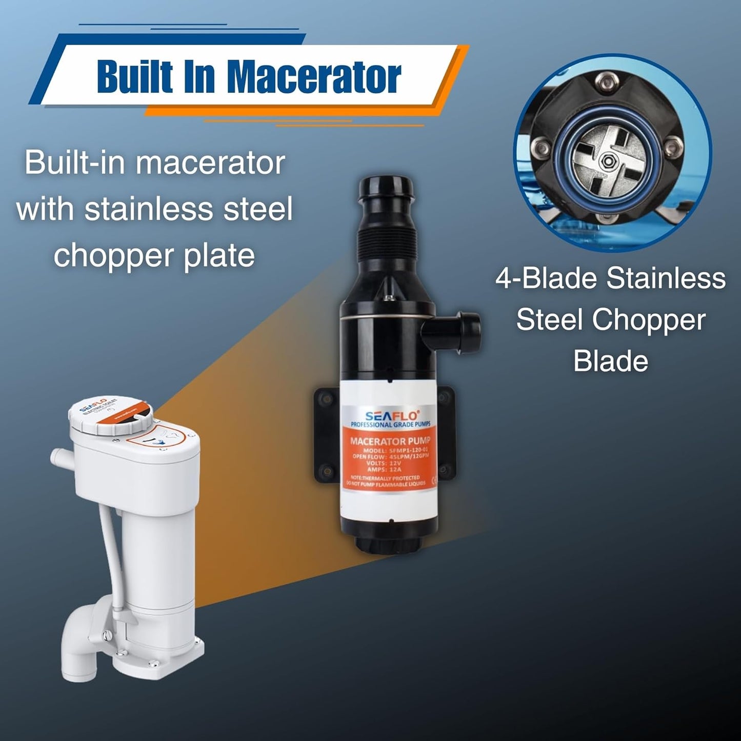 SEAFLO 12V Electric Marine Toilet Conversion Kit - Self-Priming Macerator Flush, Fits Compact & Regular Heads