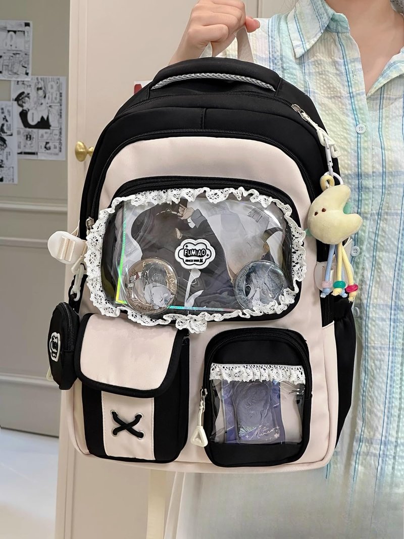 ZQW Kawaii Cute Backpack for Women Y2K Aesthetic Anime ITA Bag with Lace Trim Badges Display Clear Panel Casual Daypack (Blue)