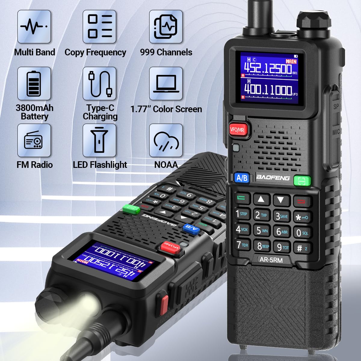 BAOFENG Radio Ham Radio Handheld 5RM 10W (Upgrade of UV-5R) Long Range Walkie Talkies Rechargeable Emergency NOAA Weather Two Way Radio with 3800mAh Battery USB-C Charger for Hunting Hiking,2 Pack