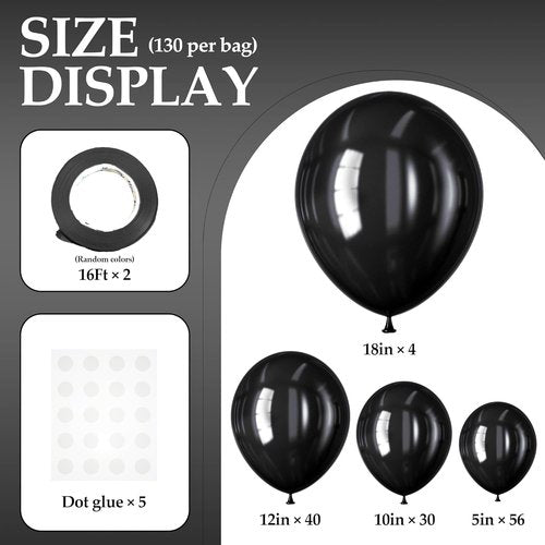 DECOCKRAT Black Latex Balloons Set - 130PCS in Various Sizes (5-18 Inch) | Perfect for Parties & Celebrations