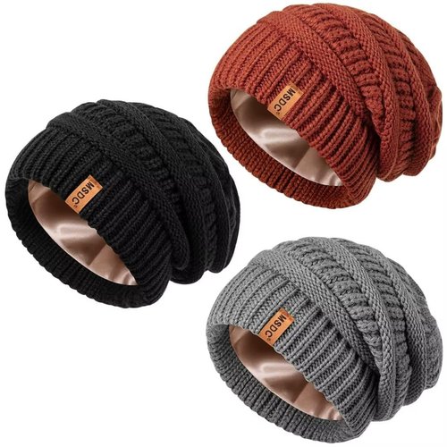 3 Pack Satin Lined Beanie for Women, Warm Slouchy Winter Hats with Silk Lined, Fashionable Oversized Cable Knit Hat Skull Cap-03