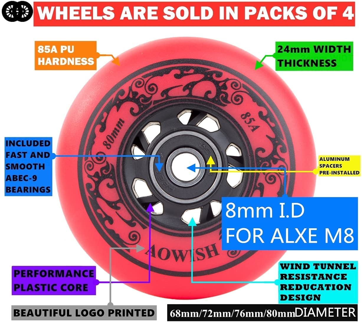 AOWISH Inline Skate Wheels, Outdoor Asphalt Formula, 4-Pack (Red, 76mm)