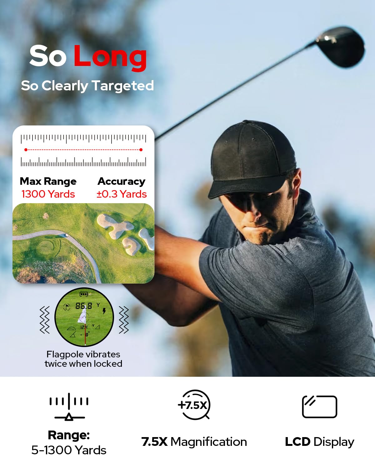 SIGHTFLAG GF2 Golf Rangefinder with Slope, 1300 Yards Laser Range Finder, 7.5X Magnification, Flag Pole Locking Vibration 0.3 Yard Accuracy Rechargeable Magnetic Golf Accessories Gift for Men Women