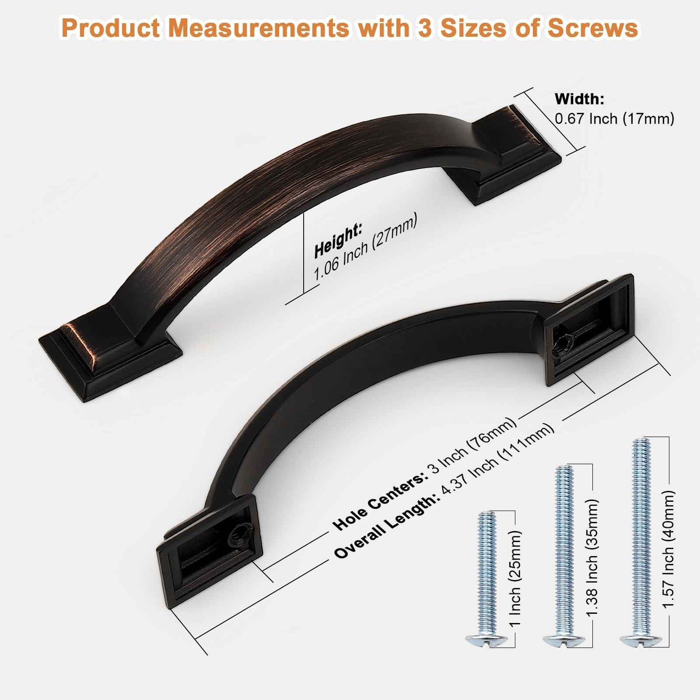 Probrico 10 Pack Oil Rubbed Bronze Cabinet Pulls 3 Inch Hole Center(76mm),Arch Kitchen Cabinet Handles Hardware for Dresser Drawer