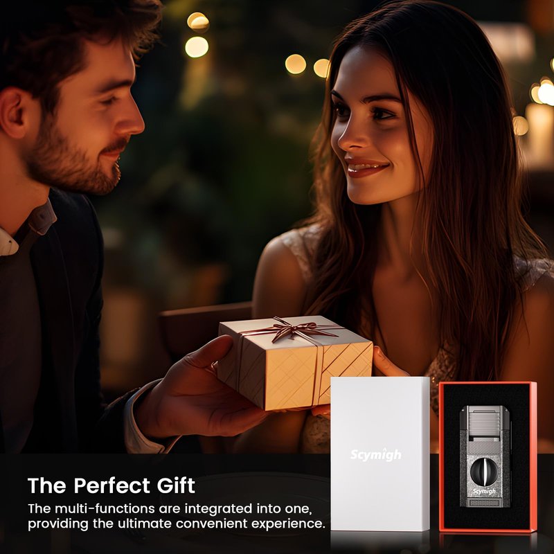 5-in-1 Torch Lighter with Cutter, Punch and Draw Enhancer Tool, Dual Jet Windproof Flame Butane Lighter, Refillable Gift Set for Men, Candle, Outdoor and Travel