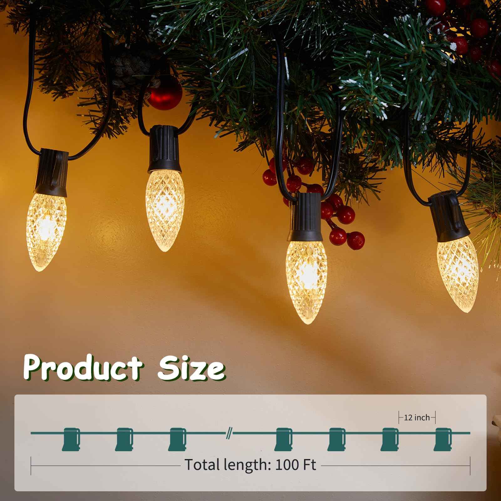 (2 Pack) Total 100 FT C9 Light Strand, Outdoor String Light Christmas Stringer with 100 Sockets for Patio, Intermediate Base (C9/E17) - 12" Spacing, Black Wire, NOTE (Only Use for C9 LED Bulbs)