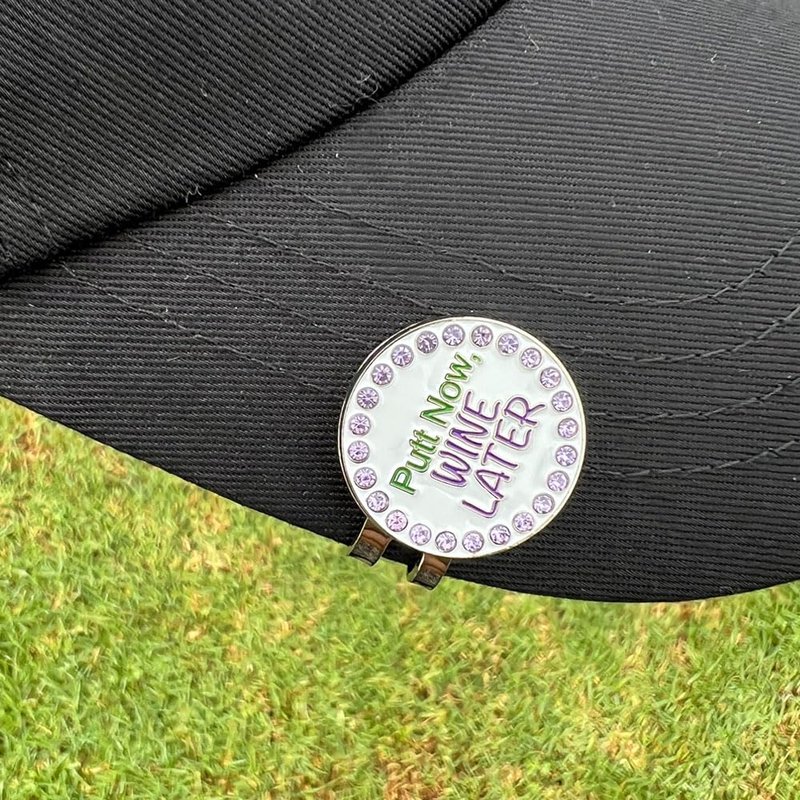 Giggle Golf Bling Golf Ball Marker with Magnetic Hat Clip – Putt Now Wine Later Sparkly Marker for Women Golfers – Fun Golf Gift with Organza Bag & Bonus Hand Cream