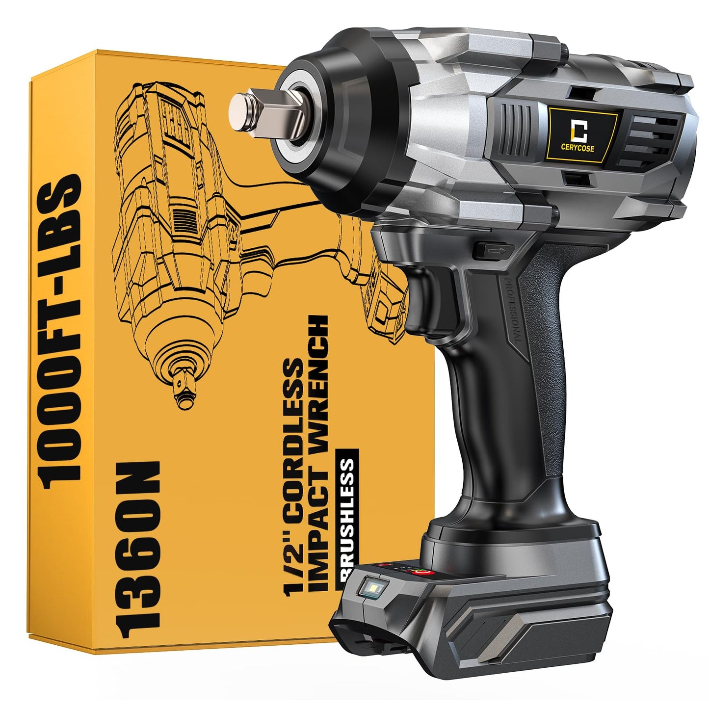 Cerycose Cordless Impact Wrench 1000FT-LBS for Dewalt Battery, 1/2 inch Brushless Electric 1360N.m Impact Gun Includes LED Work Light, High Torque Impact Driver, Bare Tool Only