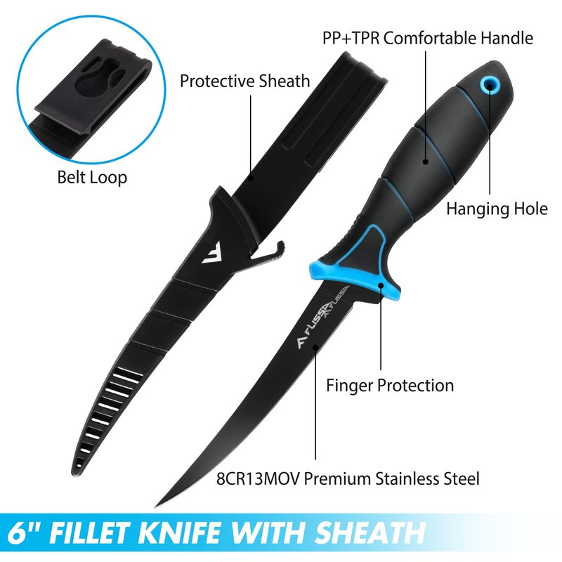 FLISSA 4-Piece Fishing Tool Kit Includes Muti-Function Fishing Pliers, 6" Fish Fillet Knife with Sheath, Braided Line Scissors with Sheath, Fish Scale with Lip Gripper and 3pcs Safety Coiled Lanyard