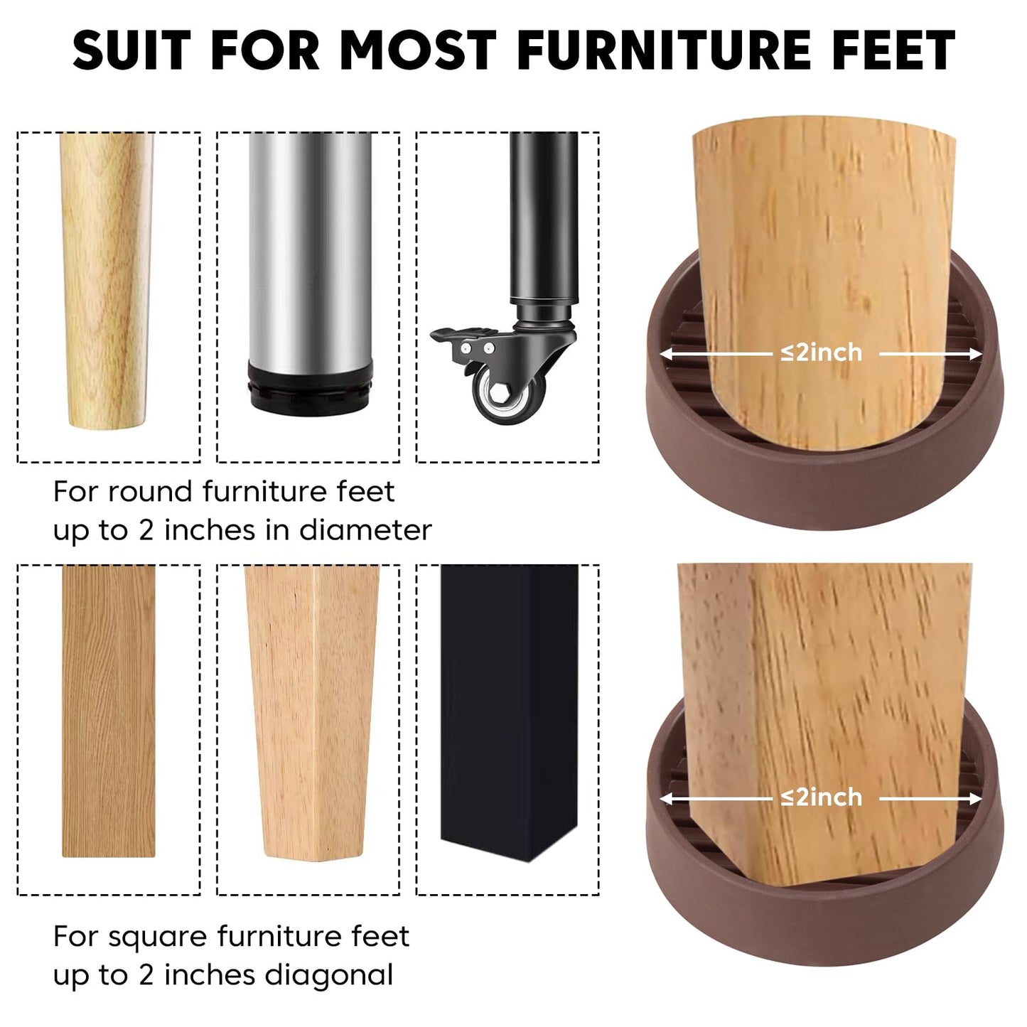 Rubber Non-Slip Furniture Pads Furniture Casters Cup Floor Protector for Bed Sofa Table and Chair Stopper (Pack of 8, 2 * 2 inches,Round, Brown)