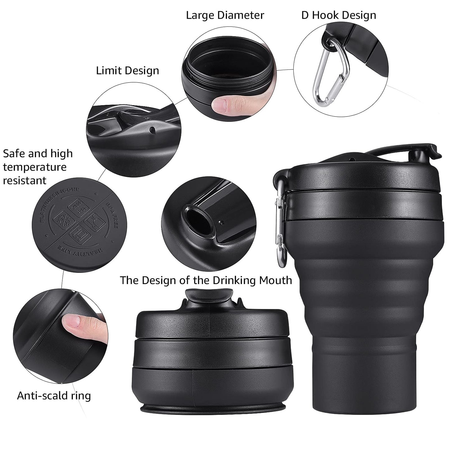 EASYXQ Collapsible Coffee Cup, 16 OZ 480ml Large Silicone Folding Camping Mug, Leak Proof BPA Free Portable, Travel Bottle with Lids for hiking, Microwave & Dishwasher Safe (Black)