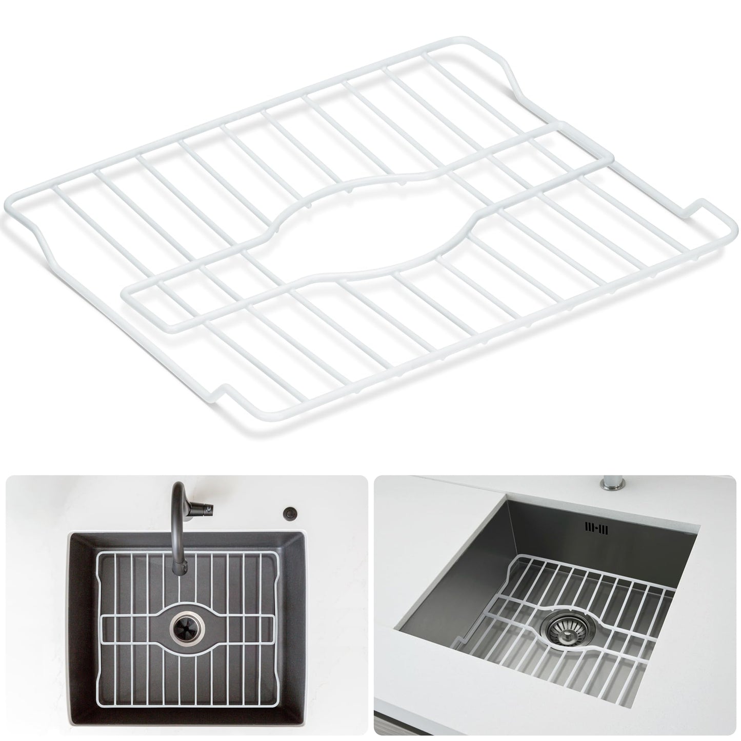 DecorRack Sink Protector for Kitchen Sink, 16" x 13" Metal Dish Drying Rack, Grate with Center Drain, Protects from Stains, Scratches, Dishwasher Safe, Large Size (1 Pack, White)