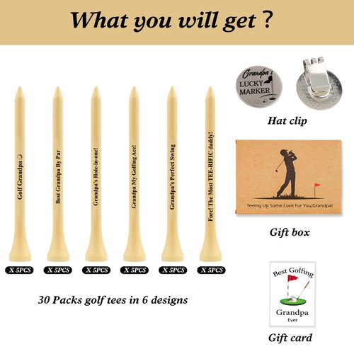 80UncleKimby Father 's Day Gifts from Daughter Wife Son - 30PCS 3-1/4 inch Wood Golf Tees Plus Hat Clip Golf Gifts for Men,Husband,Dad (Grandpa)
