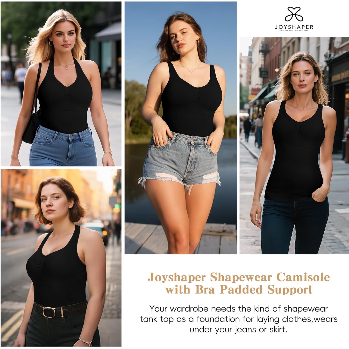 JOYSHAPER Shapewear Camisole With Built In Bra Compression Halter Tops for Women Tummy Control Shapewear Tank Top Padded Bras Black M