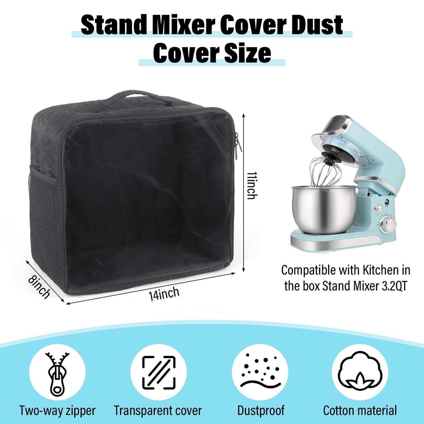 Stand Mixer Cover Compatible with Kitchen in the Box, Appliance Covers for Kitchen Counter for 3.2Quart Bowl Lift, Food Processor Cover, Zipper Pocket for Various Kitchen Appliance Accessories Black