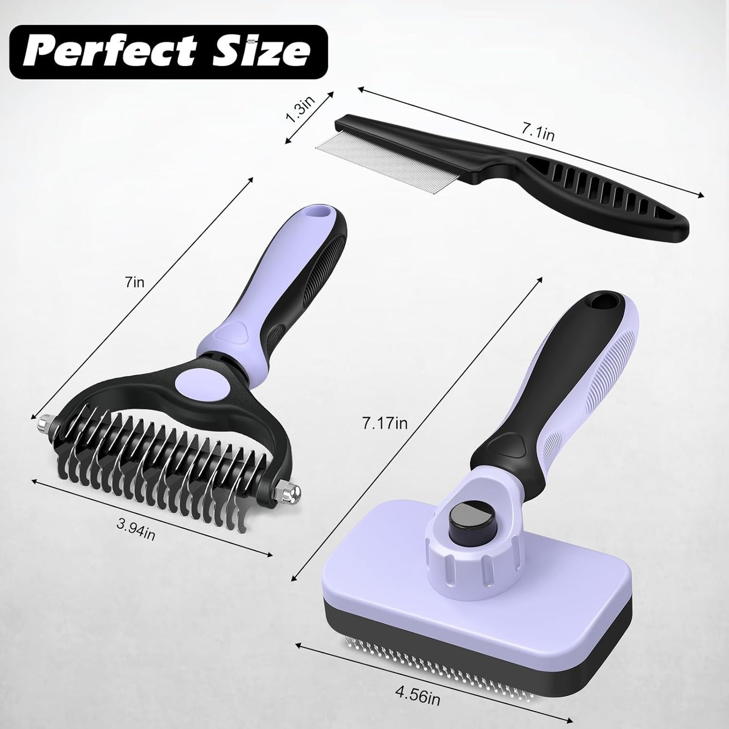 Skiennix 3PCS Self-Cleaning Slicker Brush Set - Pet Grooming Rake & Flea Comb for Dogs, Cats & Horses | Light Purple