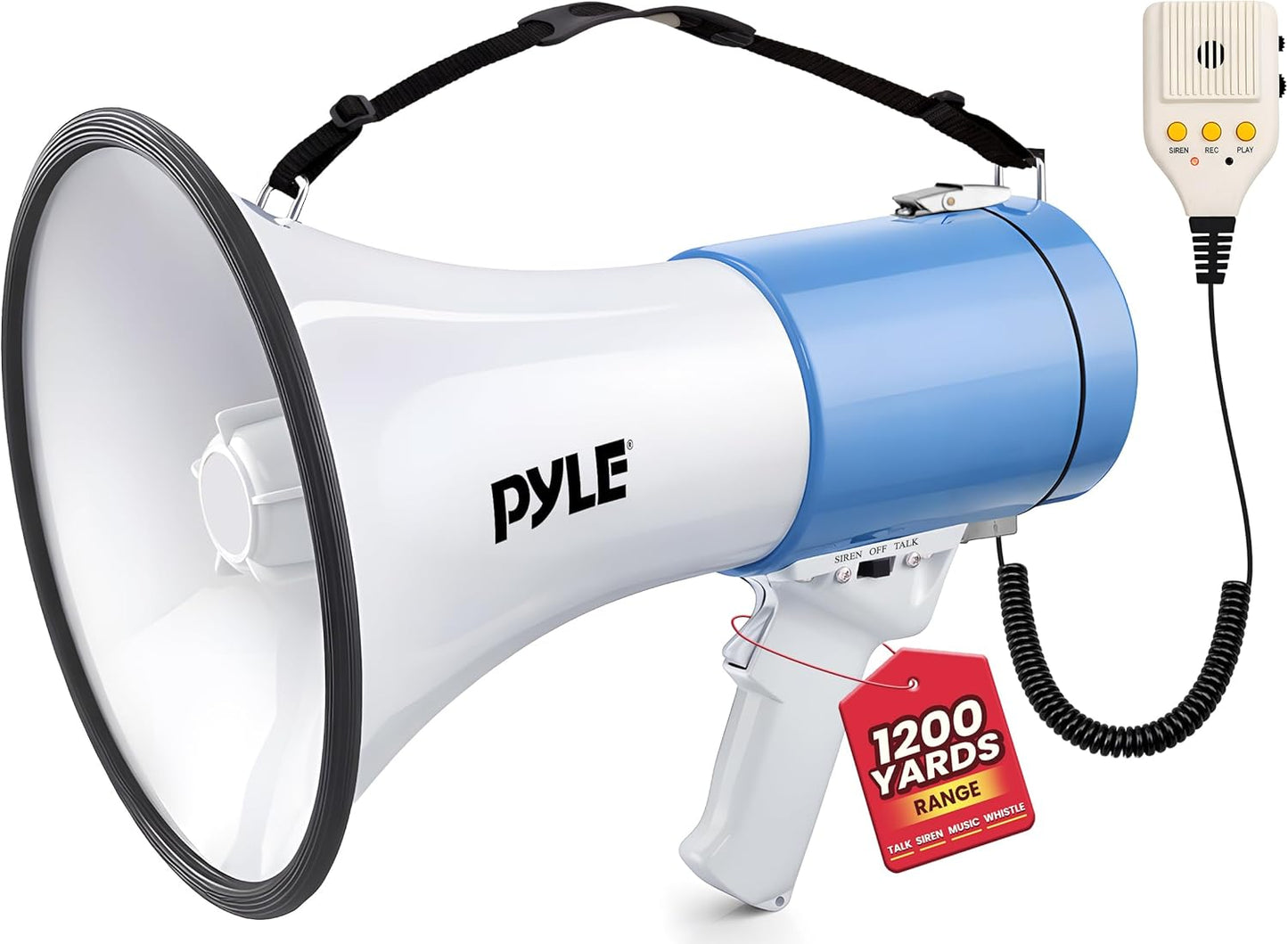 Pyle 50W Megaphone Bullhorn - Portable with Siren & Adjustable Volume | Projects Up to 1200 Yards