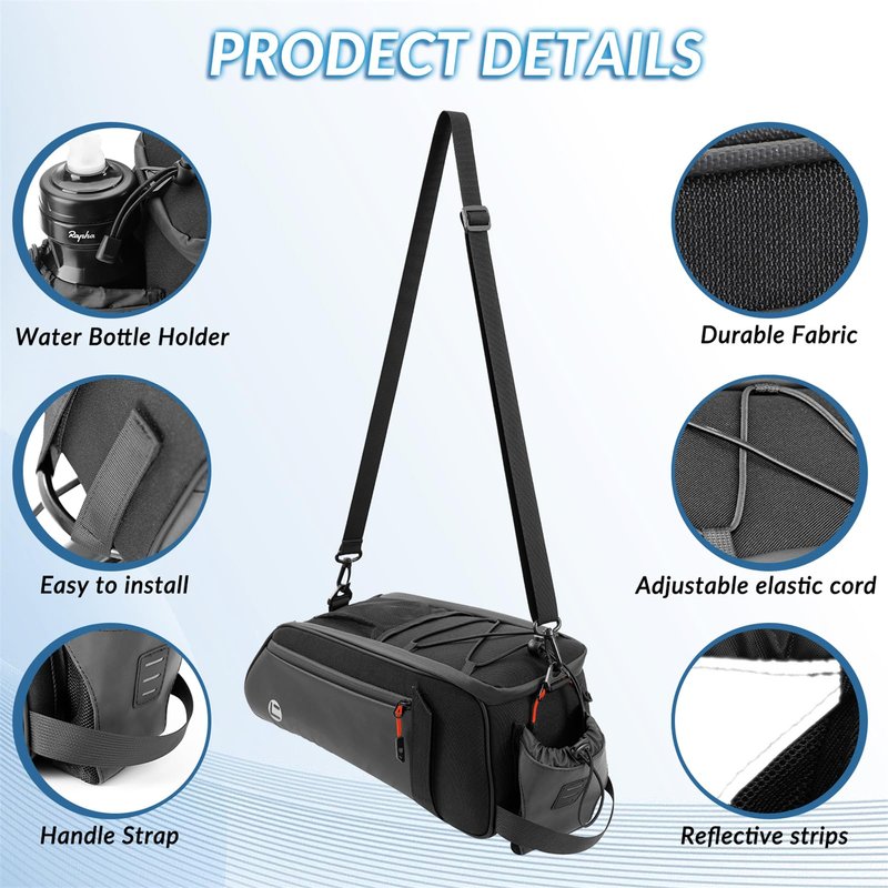 WOTOW Rear Bike Rack Bag - 8L Waterproof Bicycle Trunk Bag with Water Bottle Holder, Reflective Panniers Bike Bags for Bicycles Saddle Back Seat Storage Cargo Luggage Pouch Shoulder Bag Women Men