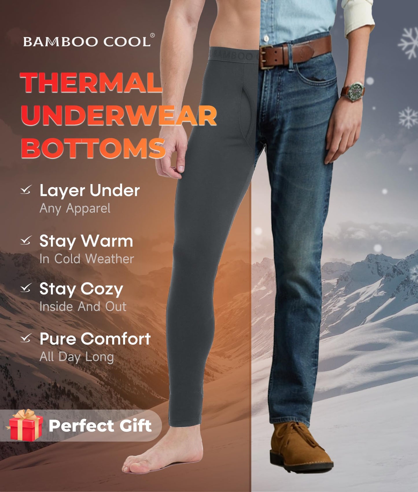 BAMBOO COOL Men's Lightweight Thermal Underwear Bottoms Fleece Lined Long Johns for Men Base Layer Pants for Cold Weather