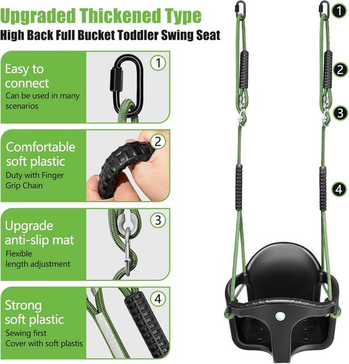 Dakzou High Back Full Bucket Toddler Swing Seat - Upgraded Heavy Duty with Finger Grip Chain | Black