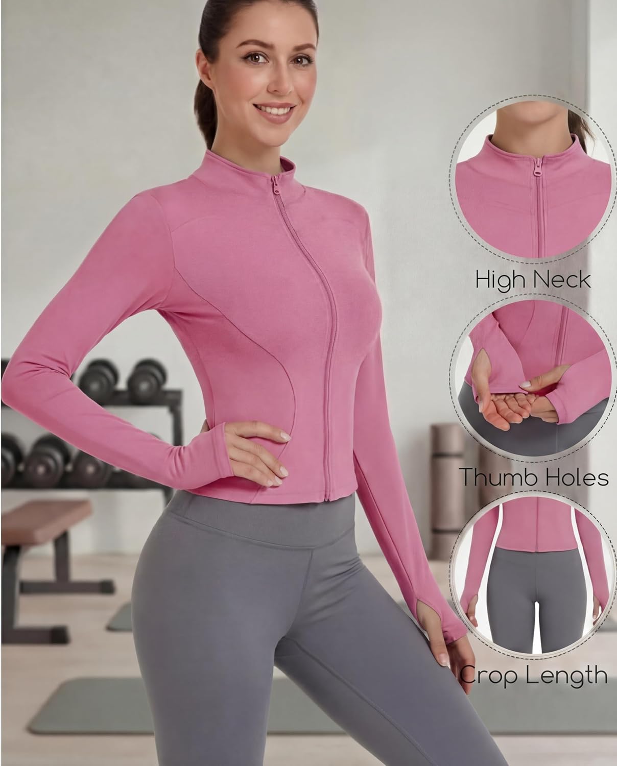 Shyyween Women's Workout Jacket - Slim Fit Cropped Zip-Up Athletic Top with Thumb Holes | 3 Pack
