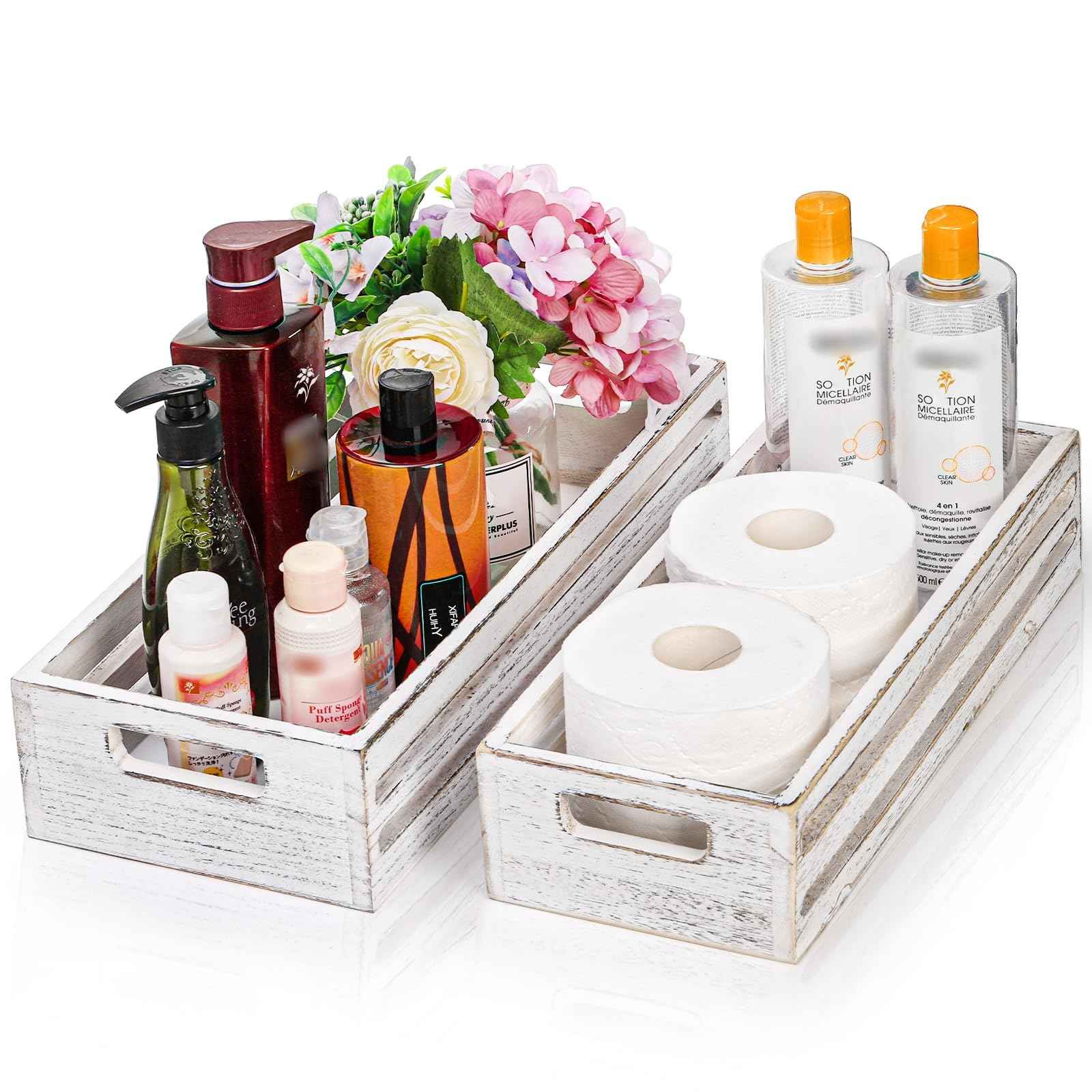 Noamus 2 Pack Bathroom Decor Box, 16" 15" Wooden Toilet Paper Holder, White Toilet Storage Basket, Toilet Tissue Tray with Handles for Home Decor, Tank Topper, Bathroom Kitchen Counter