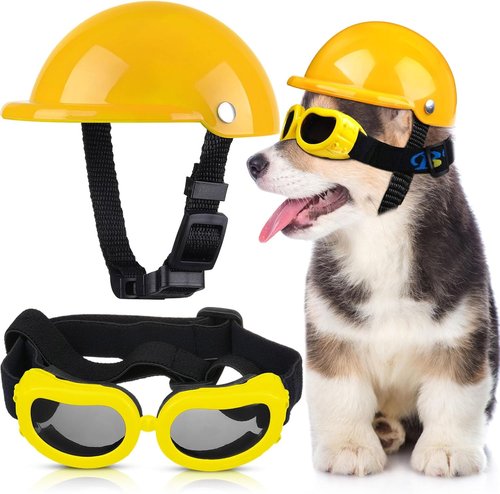 Frienda Dog Helmet & Goggles - UV Protection Sunglasses & 4-Inch Padded Motorcycle Helmet for Small Dogs (Yellow, S)
