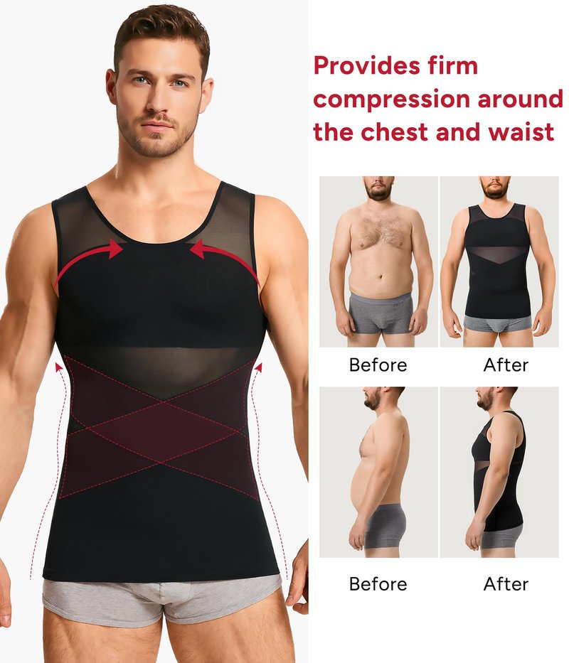 Nebility Mens Compression Shirt for Gynecomastia - Sleeveless Slimming Undershirts Body Shaper Vest Mesh Shapewear Workout Tank Tops Black